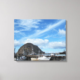 Morro Rock, Vist Boats en de Embarcadero Canvas Afdruk