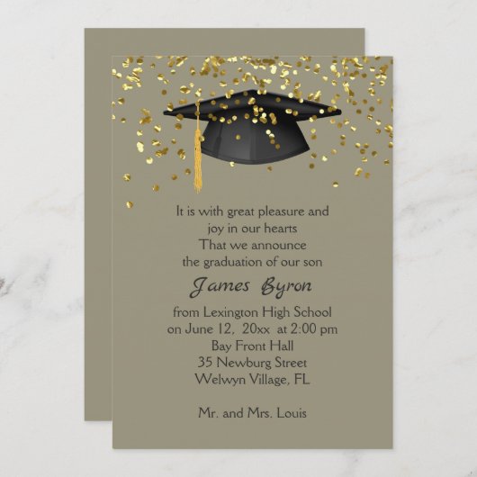 Mortar, gouden confetti met grijs geel Afstuderen Aankondiging (Voorkant / Achterkant)