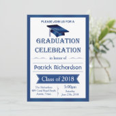 Mortel, blauw & wit Graduation Party Uitnodiging (Staand voorkant)