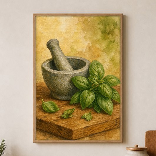 Mortier et Pilon avec Basilic Affiche Aquarelle