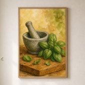 Mortier et Pilon avec Basilic Affiche Aquarelle