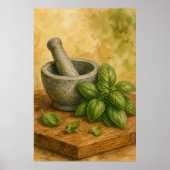 Mortier et Pilon avec Basilic Affiche Aquarelle (Devant)