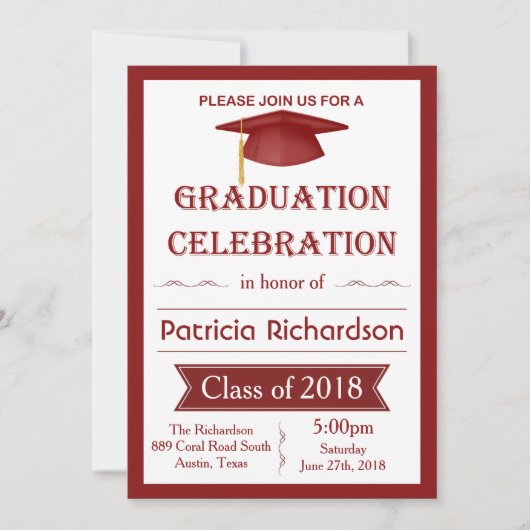 Mortier, rouge & blanc Graduation Party Invitation (Devant)