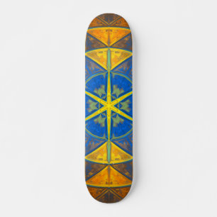 Mosaic Kaleidoscope Flower Blue and Yellow Skateboard