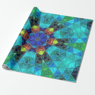 Mosaic Kaleidoscope Flower Blue Green and Oranje Cadeaupapier