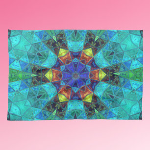 Mosaic Kaleidoscope Flower Blue Green and Oranje Theedoek