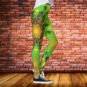 Mosaic Kaleidoscope Flower Green and Oranje Leggings