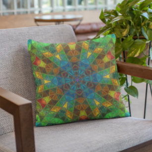 Mosaic Kaleidoscope Flower Green Blue and Yellow Kussen