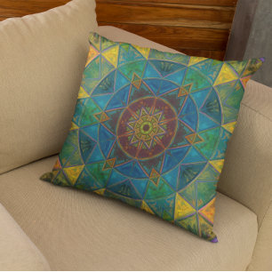 Mosaic Kaleidoscope Flower Yellow Blue and Green Kussen