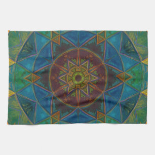 Mosaic Kaleidoscope Flower Yellow Blue and Green Theedoek