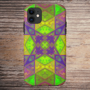 Mosaic Kaleidoscope Square Green Paars and Yellow iPhone 11 Hoesje