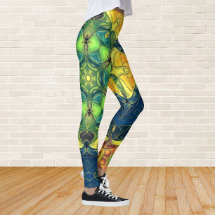 Mosaic Mandala Flower Green Yellow and Blue Leggings