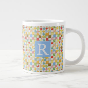 MOSAIC QUILT Grosse Mug Blanc + Texte / Bleu