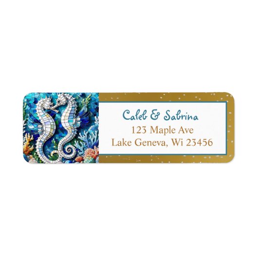 Mosaic Seahorses Romantic Beachy Etiket (Voorkant)
