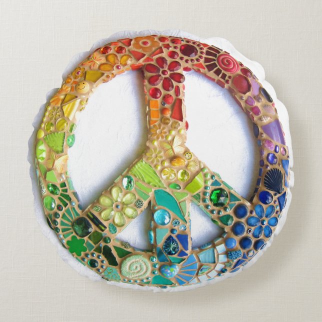 Mosaic Tile Peace Sign Pillow Rond Kussen (Voorkant)