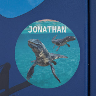 Mosasaur Water Dinosaurus Monogram naam  Ronde Sticker