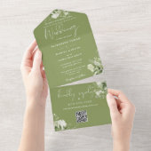 Mosgroene Bloemige Groene QR-code Trouwen All In One Uitnodiging (Afscheurbaar)