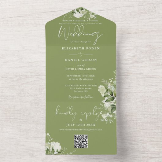 Mosgroene Bloemige Groene QR-code Trouwen All In One Uitnodiging (Binnen)