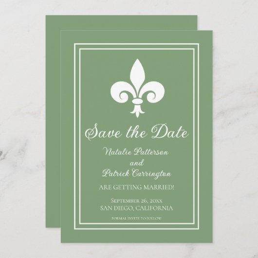 Mosgroene Fleur de Lis Save the Date uitnodiging (Voorkant / Achterkant)