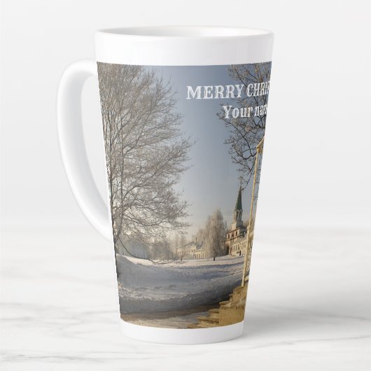 Moskou. Winter. leeuwenbeeldhouwkunst Latte Mok (Linkerhoek)