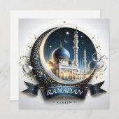 Moslim Gouden Navy Blauwe Moskee Eid Mubarak Feestdagenkaart (Voorkant / Achterkant)