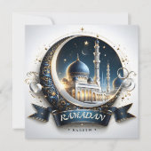 Moslim Gouden Navy Blauwe Moskee Eid Mubarak Feestdagenkaart (Voorkant)