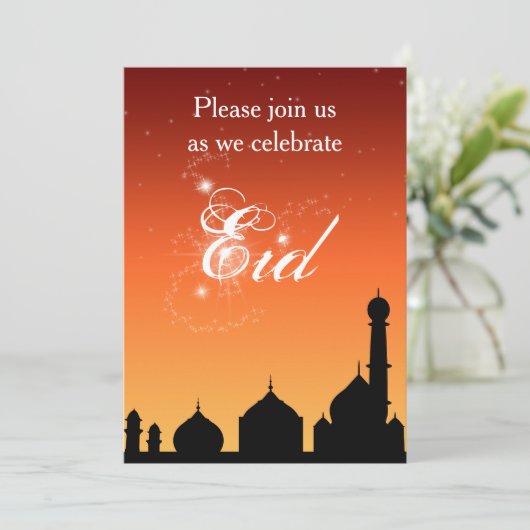 Mosque Silhouette Evening Sky Eid Party Uitnodigin Kaart (Staand voorkant)