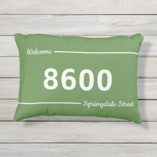 Moss Green and White House Numbers Street Adres Buitenkussen