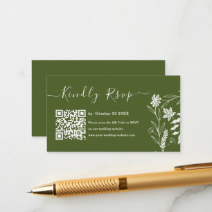 Moss Green Boho Typography QR Code RSVP Weddenscha Informatiekaartje