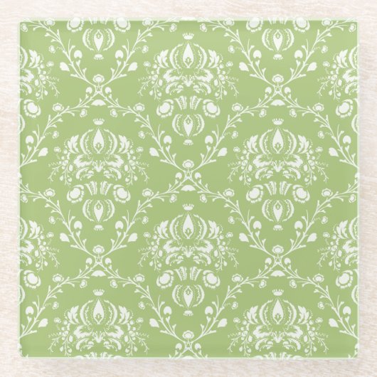 Moss Green Damask Glazen Onderzetter (Voorkant)