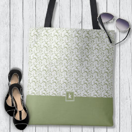 Moss Green Damask Pattern Monogram Canvas tas
