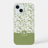 Moss Green Damask Pattern Monogram iPhone 15 Hoesje (Achterkant)