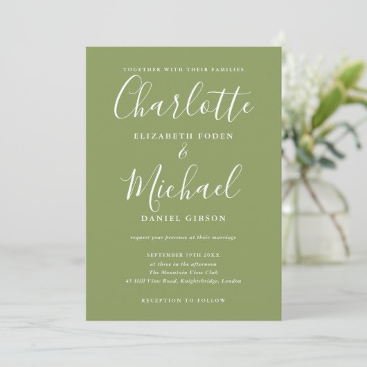 Moss Green Elegant Modern Script Fotobruiloft Kaart (Staand voorkant)