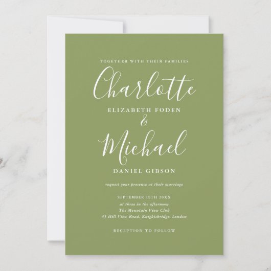 Moss Green Elegant Signature Script Wedding Kaart (Voorkant)