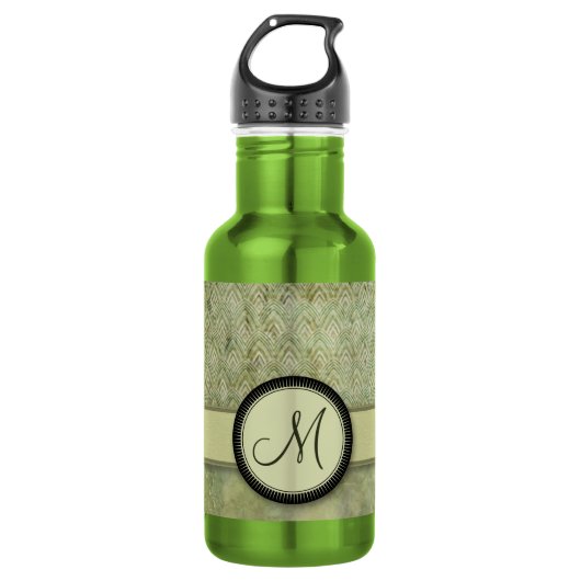 Moss Green Feather Pattern met Monogram Waterfles (Voorkant)