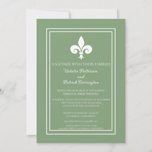 Moss Green Fleur de Lis Faire-part de mariage (Devant)