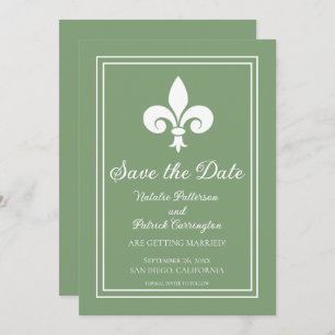 Moss Green Fleur de Lis Save the Date Invite Kaart