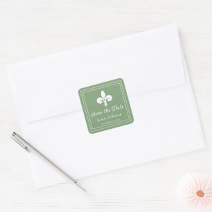 Moss Green Fleur de Lis Save the Date Stickers