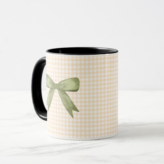 Moss Green Glittered Bow op Cream Gingham Mok (Voorkant links)