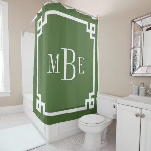 Moss Green Greek Key Border Monogram Douchegordijn