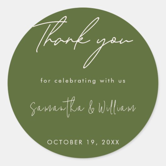 Moss Green Minimalist Script | Moderne bruiloft Ronde Sticker (Voorkant)