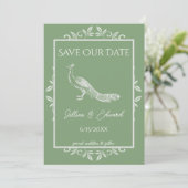 Moss Green Peacock Flourish Save the Date Aankondiging (Staand voorkant)