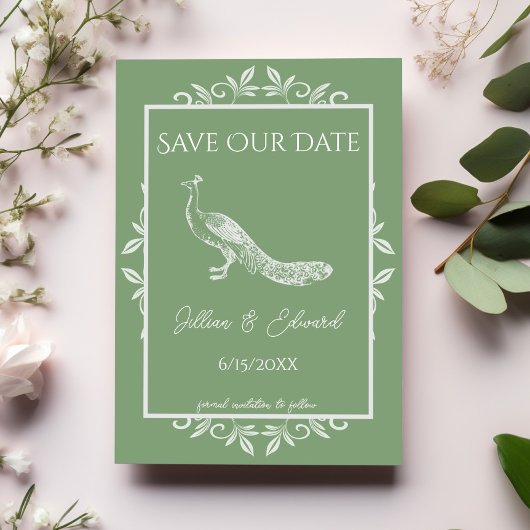 Moss Green Peacock Flourish Save the Date Aankondiging