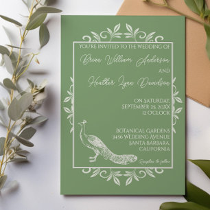 Moss Green Peacock Flourish Wedding Invitation Kaart