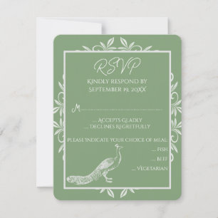 Moss Green Peacock Flourish Wedding RSVP Card