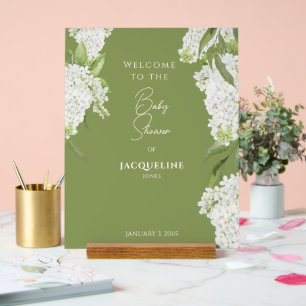 Moss Green White Floral Baby shower Welkom Acryl Bord