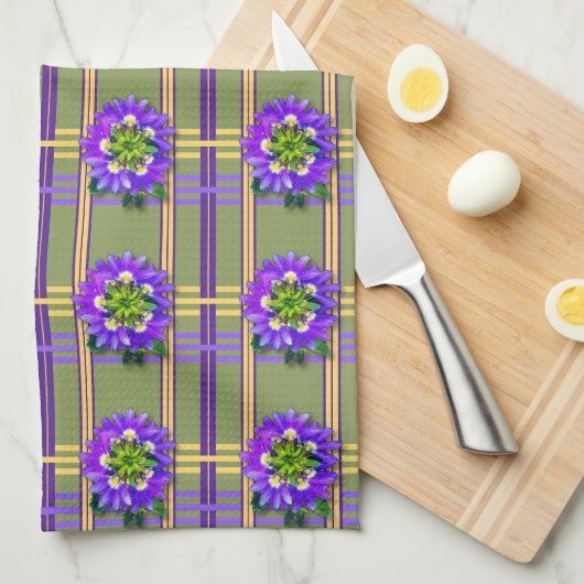 Moss Green with Purple Flowers Kitchen Towels Theedoek (Quarter Fold)
