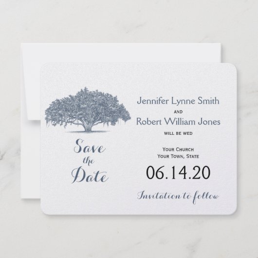 Mossy Oak Tree in Blue Wedding Save the Date (Voorkant)