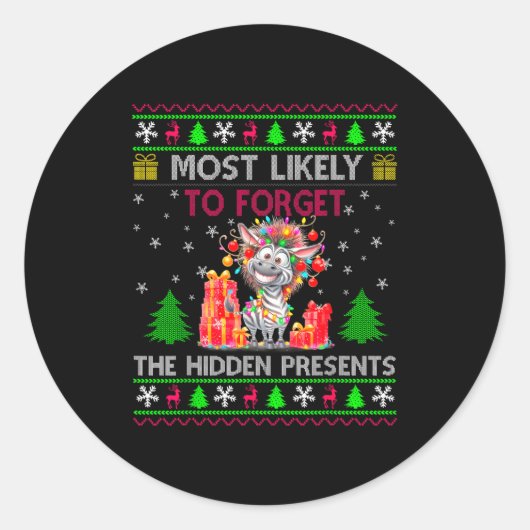 Most Likely To Forget The Hidden Zebra Christmas  Ronde Sticker (Voorkant)