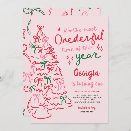 Most Onederful Coquette Bow Christmas 1st Birthday Kaart (Voorkant / Achterkant)